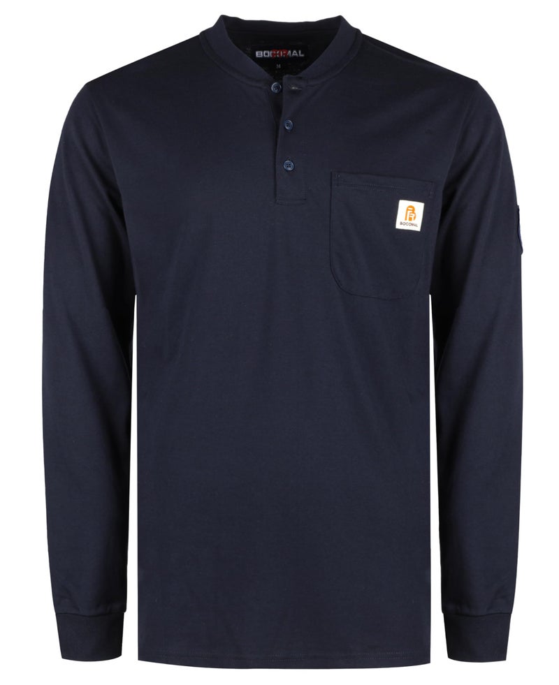 BOCOMAL FR Shirts Flame Resistant Shirt 5.5oz 100% Cotton Navy Light Weight CAT2 Fire Retardant Henley Shirts - Image 1